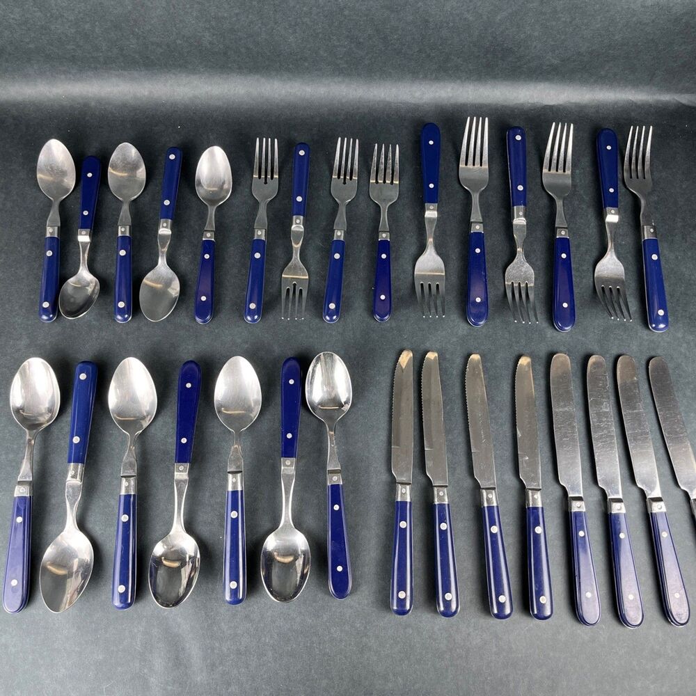 30pc VTG MCM Blue Riveted Handle Flatware Stainless Lifetime Thailand, Korea Mix